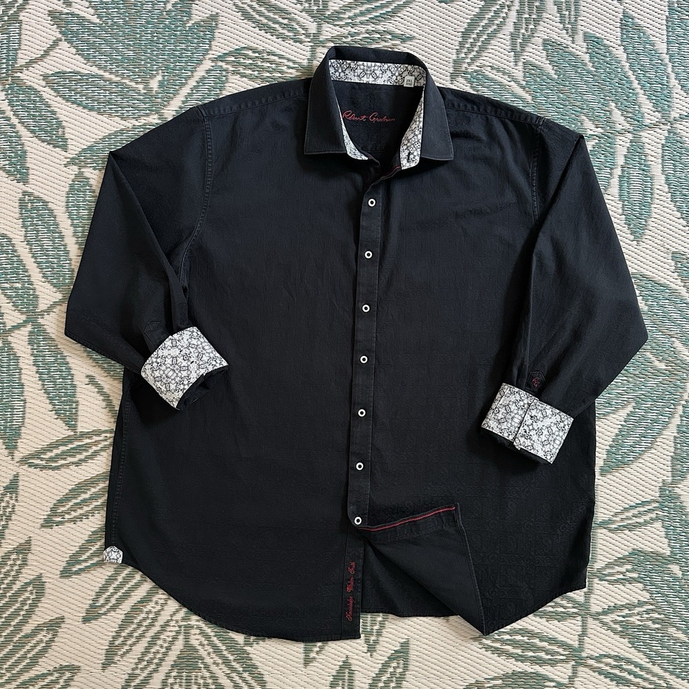 Robert Graham Shirt Men's 2XL Black Geometric Collar Flip Cuff Button Front